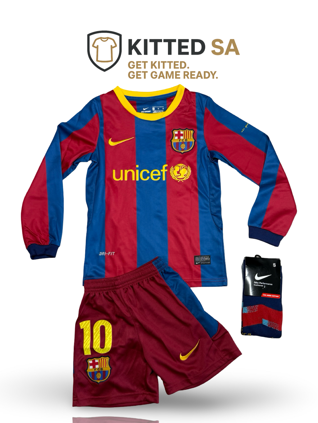 Barcelona 2010/11 Messi Home Long Sleeve Kids Kit with Shorts and Socks